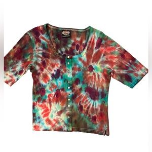 Harley Davidson Womens Large Bodycon Tie Dye T Shirt Snaps Ribbed Square Neck